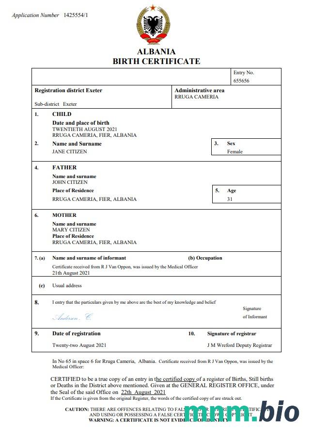 Albania narodziny certyfikat Word i PDF